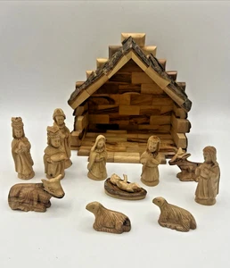Vintage 15pc Olive Wood Nativity Set Hand Carved Bethlehem Figurines & Stable - Picture 1 of 15