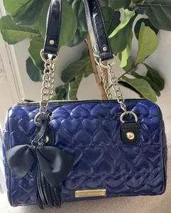 Betsey Johnson Blue Quilted Patent Bow Satchel Bag Heart Print - Picture 1 of 11