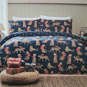 Weihnachten Leopard DOPPEL Bettwäscheset Wende - Chelsea Peers Navy Blau - Neu mit Etikett - Bild 1 von 10