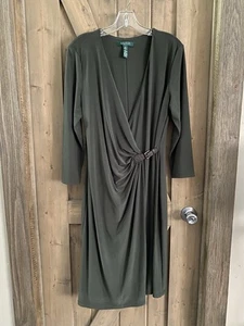 Lauren Ralph Lauren Green “True” Wrap Midi Dress 3/4 Sleeves Leather BuckleSz 14 - Picture 1 of 10