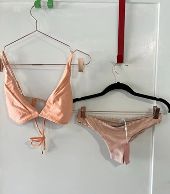 Top halter de bikini Pilyq citrino y parte inferior acanalada naranja a rayas talla S para mujer  Foto 1 de 4