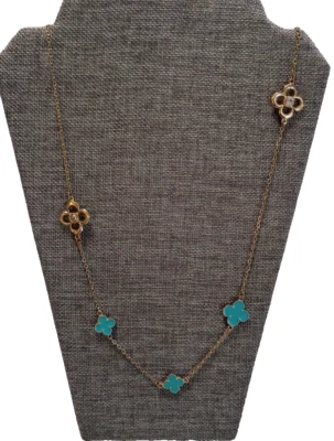 Collar Estación Trébol Esmalte Turquesa Tono Dorado 34" Acentos Cristal Foto 1 de 4