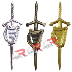 Irish Celtic Harp Sword kilt Pin 4" Gold Antique Chrome Scottish - Picture 1 of 16