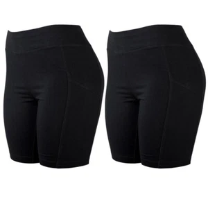2 Women's Bike Shorts Athletic Leggings w/ Pockets Yoga Running Exercise Black S - Picture 1 of 1