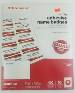 Office Depot ~ 2.33" x 3.38" White Adhesive Name Badges ~ 400 Badges ~ Sealed - Picture 1 of 2