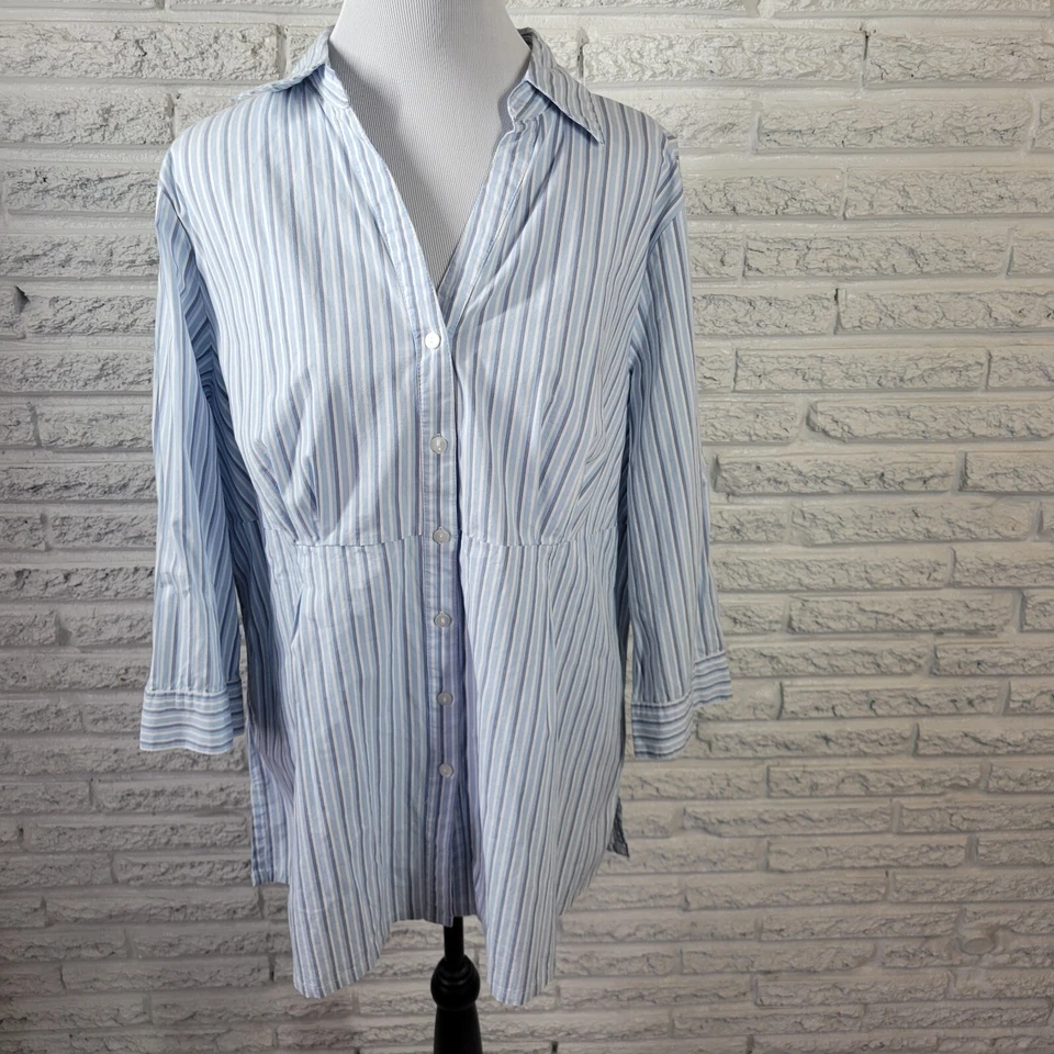 Basic Editions Womens Top 1X 3/4 Sleeve Collar Blue Stripe Button Up Lightweight - Image 1 of 4