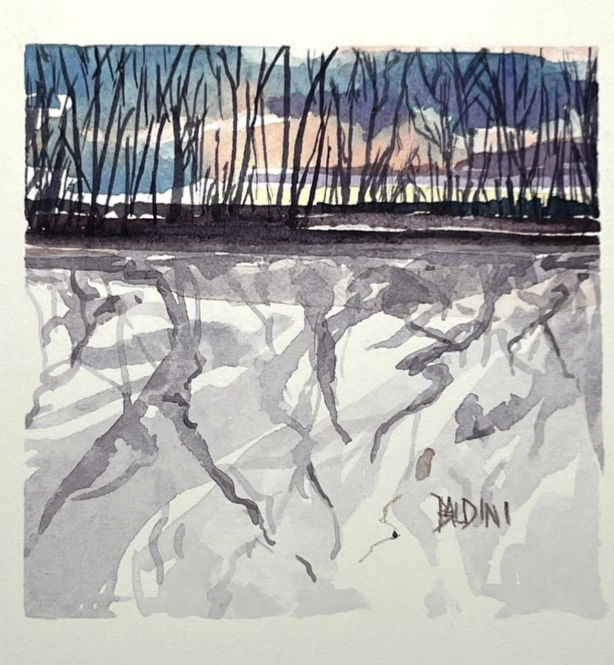 J R Baldini Miniature Watercolor Painting 3x3” Plein Air Impressionist Winter - Image 1 of 4