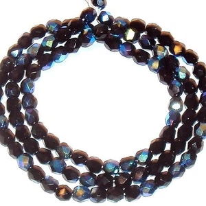 CZ215 Jet Black AB 4mm Fire-Polsihed Faceted Round Czech Glass Beads 16"  - Picture 1 of 1