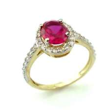 Oval Ruby Simulated Diamond Halo Dainty Engagement Ring 14k Yellow Gold Silver