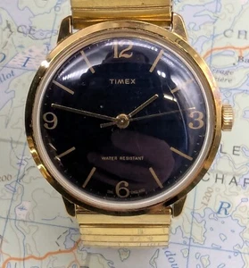Vtg Timex 27249-02480 Marlin Navy Blue Dial Gold Tone Mechanical Watch RUNNING - Picture 1 of 10