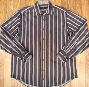 BUGATCHI REGULAR FIT Mens 100% COTTON POINT COLLAR SHIRT BROWN STRIPE LARGE, L - Picture 1 of 5