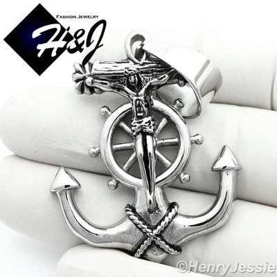 MEN's Stainless Steel Silver/Black Plated Anchor JESUS Cross Charm Pendant*P58 - Image 1 of 2