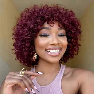 99j Burgundy Deep Wave Human Hair Wig Curly Short bob None Lace Wigs for Women  - Image 1 of 4