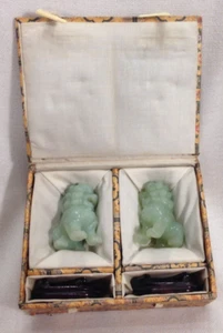 Vintage Pair Chinese Jadeite Jade Hand Carved Foo Dogs on Wood Stands - Picture 1 of 18