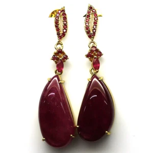 925 Sterling Silver 16 x 31 mm. Red Pink Ruby Earrings 18K Gold Minimolist - Picture 1 of 4
