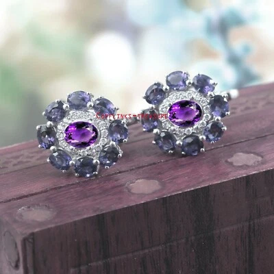 Gemelos de plata de ley 925 con piedras preciosas de amatista natural y circonita cúbica #51 Foto 1 de 3