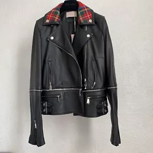 CHRISTOPHER KANE LEATHER JACKET BIKER BLACK CHECK COLLAR SIZE UK 10 BNWT - Picture 1 of 11