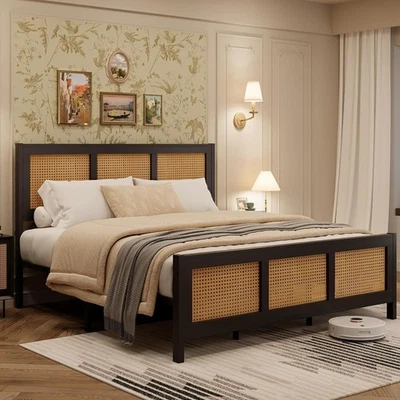 Queen Size Bed Frame with Headboard, Bohemian Rattan Platform Bed Frame with ... - Image 1 of 4