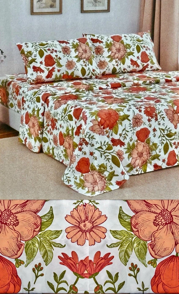 French Country Poppy Gerbera Daisy Sheet Set KING Sheets Cotton Vines Leaf RARE - Image 1 of 3