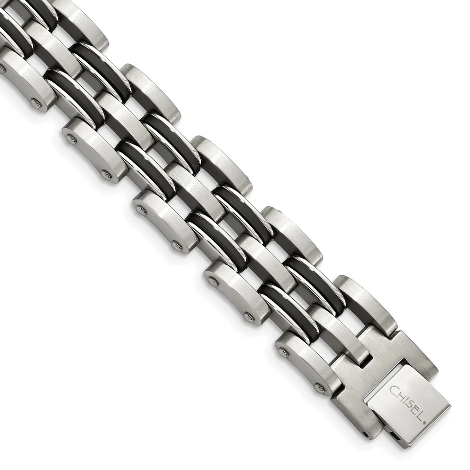 Chisel Men's Stainless Steel Black Rubber 8.5-inch Bracelet White