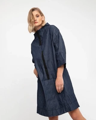 Alembika Ozai N Ku Avant Garde Denim Dress Funnel Collar Mod Style Pockets L - Image 1 of 4