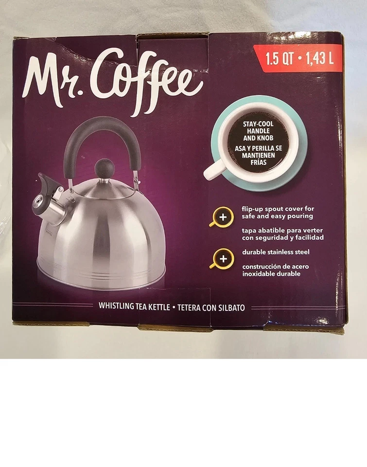Mr Coffee Whistling Tea Kettle Stainless Steel 1.5 Qt Stay Cool Black Handle NEW - Image 1 of 1