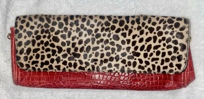 Maurizio Taiuti Leopard Print Calf Hair Red Leather Clutch Snap Closure - Image 1 of 4
