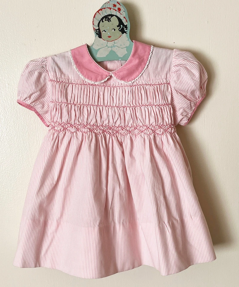 Vestido de Fiesta Vintage Polly Flinders Niña Rosa Rayas Calado a Mano Talla 3T Algodón Foto 1 de 4