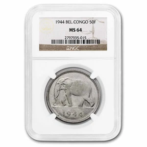 1944 Belgian Congo Silver 50 Francs MS-64 NGC - Picture 1 of 3