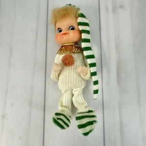 Vintage Gummi Gesicht Pixie Elfe Weihnachtsschmuck Japan weiß grün 5" - Bild 1 von 5