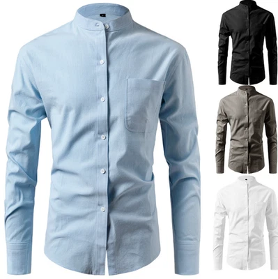Men's new standing collar long sleeved pure cotton casual imitation linen shirt - Image 1 of 4