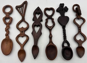 Collection Of 6 Wooden Carved Love Spoons From Wales - Picture 1 of 4