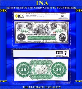 Billete de 20 dólares de Carolina del Sur de 1873 de la Guerra Civil obsoleto graduación profesional 64 segundo mejor - Imagen 1 de 4