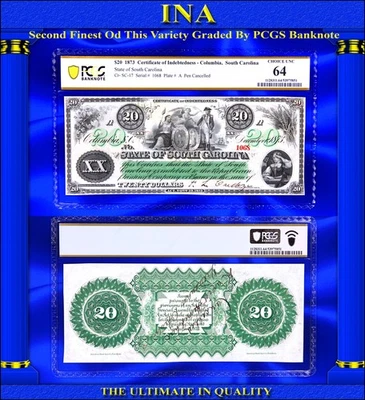 $20 South Carolina 1873 Civil War Obsolete Currency Note PCGS 64 Second Finest - Image 1 of 4