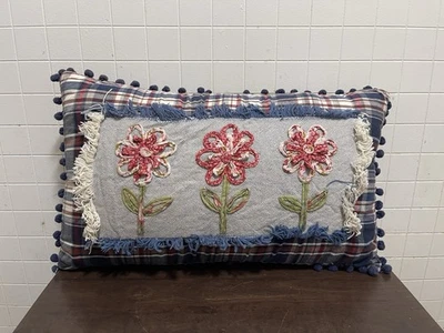 Pier 1 Imports Throw Accent Pillows Plaid Flowers Farmhouse Red White Blue - Image 1 of 4