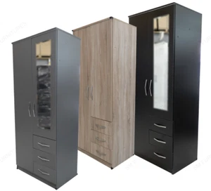 Tall Wooden 2 Door With 3 Drawer Wardrobe Bedroom Storage Hanging Bar - Picture 1 of 9