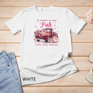 En octubre usamos camiseta unisex de camión de cinta rosa rosa cáncer de mama - Imagen 1 de 15