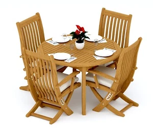 5-Piece Outdoor Teak Dining Set: 48" Round Table, 4 Reclining Arm Chairs Wraw - Picture 1 of 5