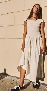 Free People Ivory Ceci Smocked Midi Dress Size Med RRP $98