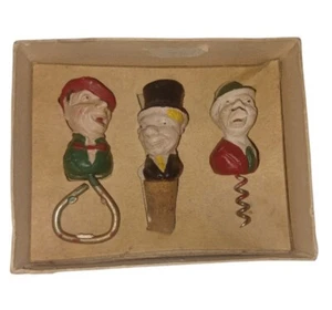 VTG Old Men Heads Barware Cork Screw Bottle Opener Stopper Carved Composite - Picture 1 of 7