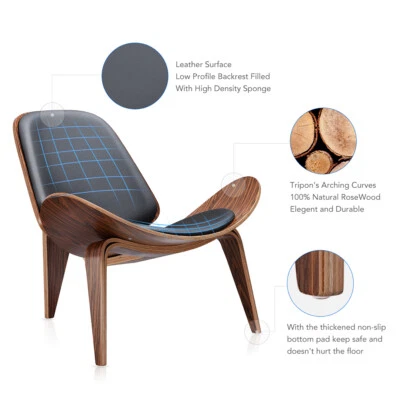 Sillón clásico vintage Hans Wegner Shell trípode de cuero completo sillas decorativas Foto 1 de 4