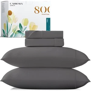 Carressa Linen Egyptian Cotton Sheet Set - 800 TC 4 PC Graphite Grey Queen Be... - Picture 1 of 9