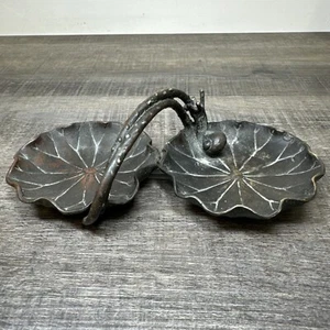 Toller antiker signierter Bronze Lotusblatt Schmuck Schale Aschenbecher mit Schnecke - Bild 1 von 10