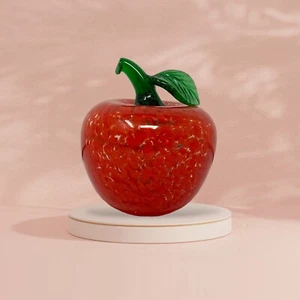 4” Unmarked Red Blown Glass Apple Paperweight Applied Green Stem - Picture 1 of 5
