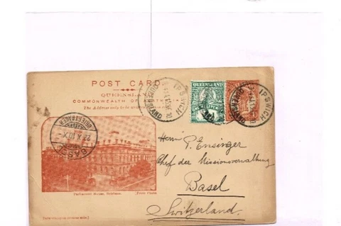 1910 1d Postal View Card Parliament House Chestnut colour Ipswich to Switzerland Cover