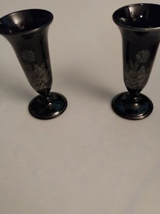 L.E. Smith 2 Pc Daisies Motif Silver Overlay Black Amethyst Glass Tulip Vase 6" - Picture 1 of 22