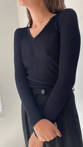 Vintage Armani Exchange super gerippter Pullover Gr. Gr. L marine V-Ausschnitt lang transparent - Bild 1 von 9