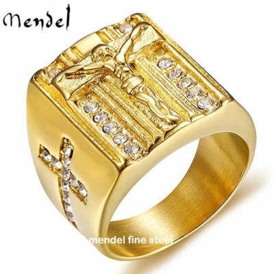 Anillo crucifijo cruz Jesús circonita cúbica chapado en oro acero inoxidable Mendel para hombre talla 7 8-15 Foto 1 de 4