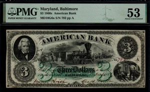 1863 $3 The American Bank, Baltimore, MD Beautiful PMG AU 53 Broken Banknote! - Picture 1 of 2