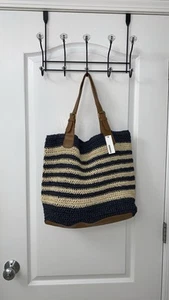 Navy Blue and Cream Striped Woven Straw Tote Bag - Picture 1 of 16